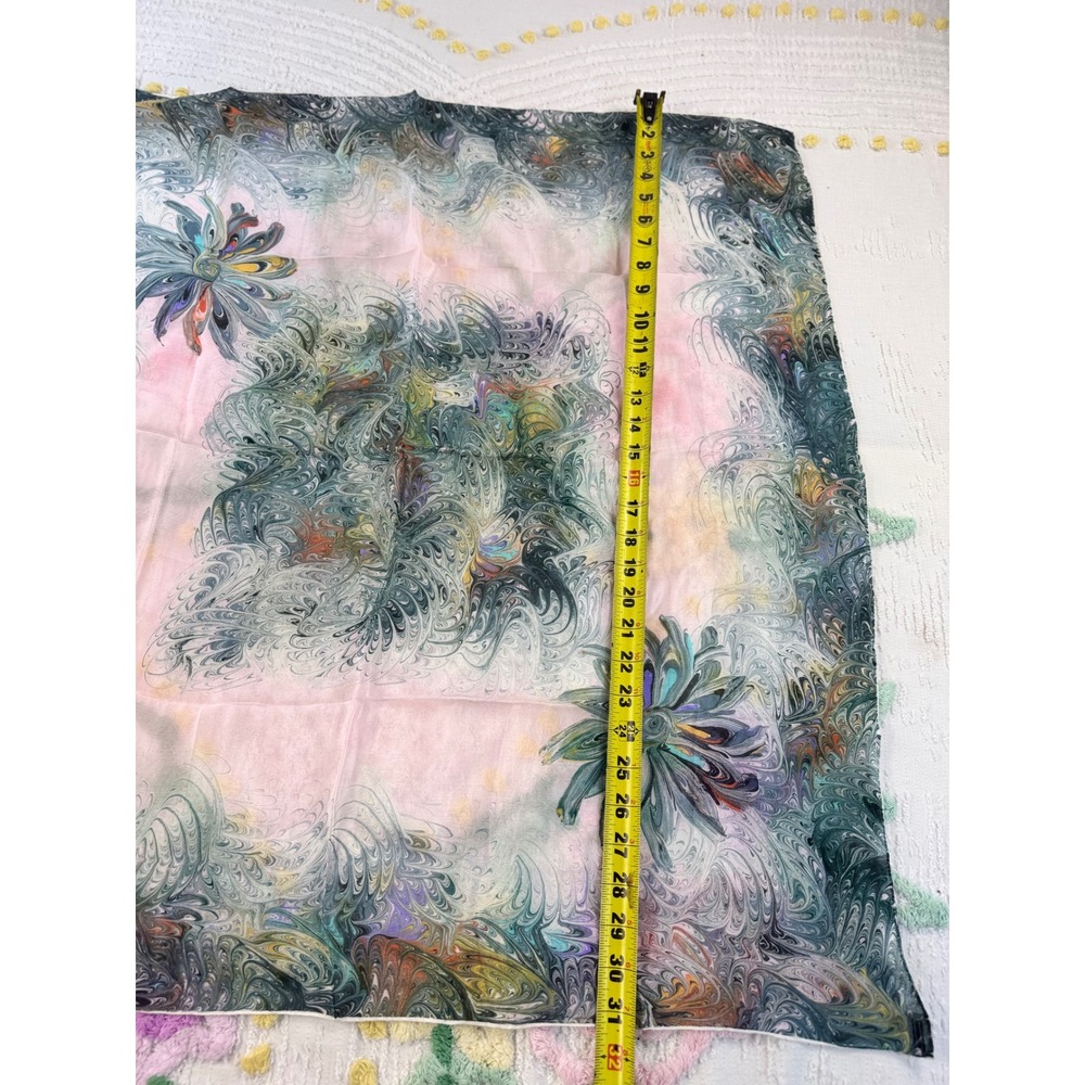 Vintage 100% Silk Scarf Hand Rolled Made in Japan Pink Green Marbled Print 31x31 - Picture 4 of 10